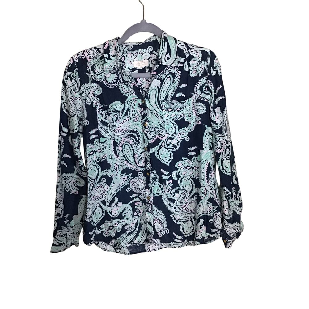 Charter Club Luxury Women Linen Button Front Shirt Sz.Med Blue Paisley Print